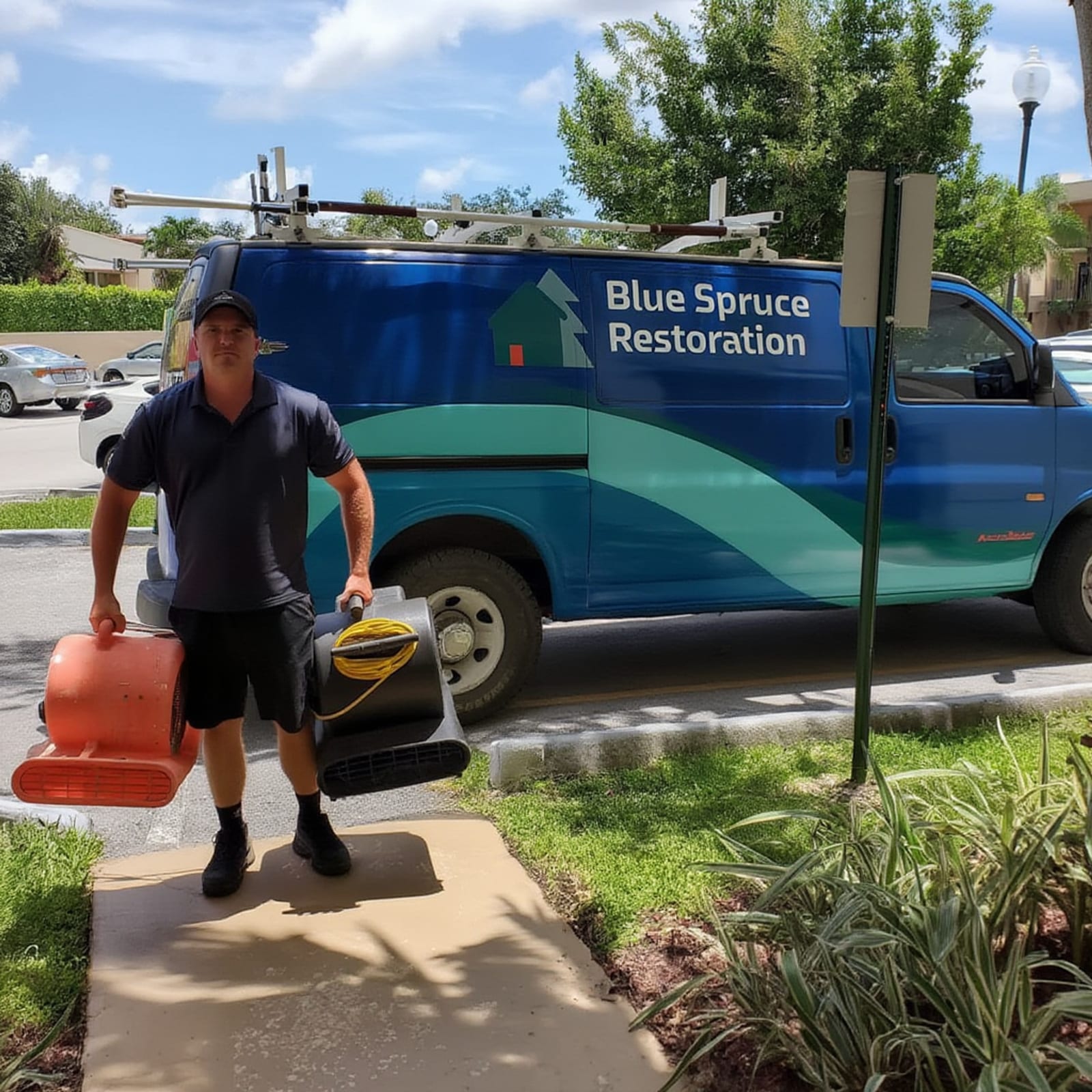 Blue Spruce Restoration technician arriving on site with equipment